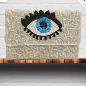 Beaded Eye Crossbody Clutch - Cream with Blue Accent